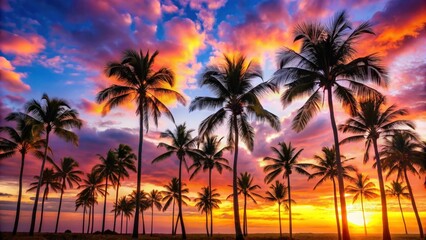 Palm trees silhouetted against a colorful sunset sky , palm trees, sunset, dusk, tropical, silhouette, tranquil, vacation