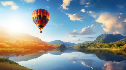 Fototapeta premium beautiful landscape with hot air balloon flying