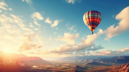 beautiful landscape with hot air balloon flying
