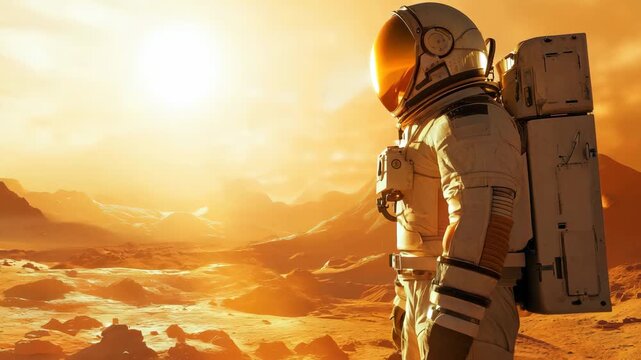 Astronaut wearing space suit walking on a red planet. Mars colonization concept
