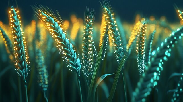 A detailed view of neon wheat featuring glowing circuitry and digital growth patterns. The tech lines and connected points illustrate a high-tech approach to agriculture. The bio-enhanced grain