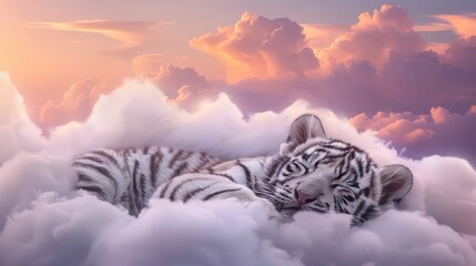 A white tiger cub sleeps peacefully on fluffy clouds, with a vibrant sunset sky in the background.