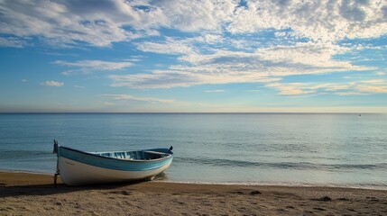 A peaceful cabin cruiser on Estepona Beach, with the sea stretching out to the horizon