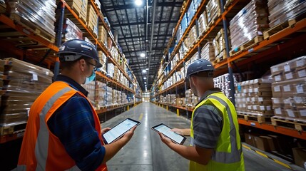 Two warehouse workers wearing hard hats and safety vests are using a tablet computer to check inventory in a large warehouse.