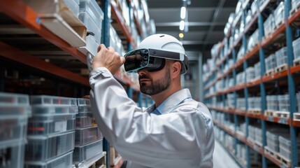 Warehouse worker wearing virtual reality headset