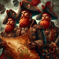 a pirate with red hair carrying a treasure map with a dashing look and a sharp gaze, Generative AI