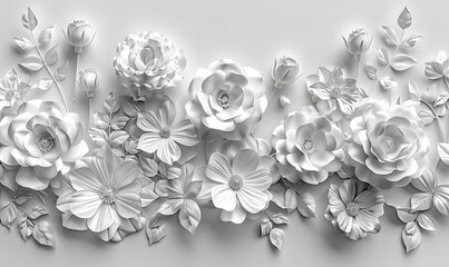 An intricate 3D greenery floral composition featuring abstract roses in monochrome, bordered neatly with plenty of copy space for a modern background