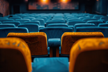 Fototapeta premium Close-up of Blue and Orange Theater Seats.