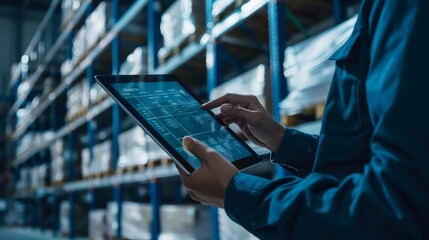 Warehouse worker using tablet to check inventory