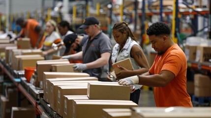 Warehouse workers packing and sorting boxes in a distribution center.
