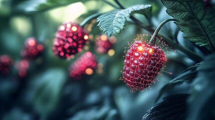 A striking portrayal of nano berries with tech-infused elements and digital growth. The berries are integrated with glowing circuitry and connected nodes, embodying a futuristic fruit design. The