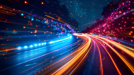 A long exposure photo of a highway at night, with the lights of passing cars creating streaks of color against a dark sky. The image has a sense of motion and speed, as well as a futuristic aesthetic.