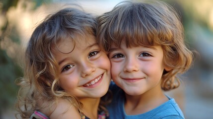 Two young kids joyfully hug outside, glowing with happiness and closeness in a beautiful park. Their delightful smiles capture a heartwarming family scene
