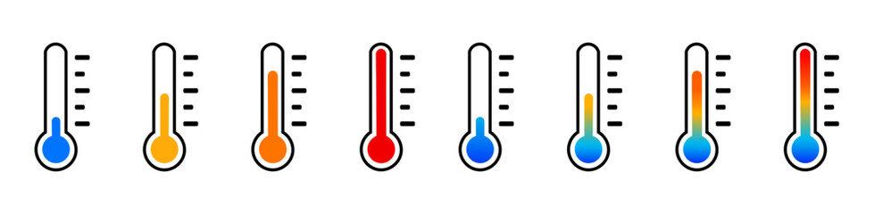 Isolated thermometer icon set. Blue cold red hot gradient temperature symbols. Flat set with blue purple red orange and yellow thermometer icons on white background.