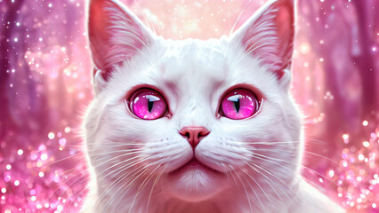 Whimsical Fantasy Kitty: Adorable Digital Illustration with Shiny White Accents and Dreamy Pink Hues