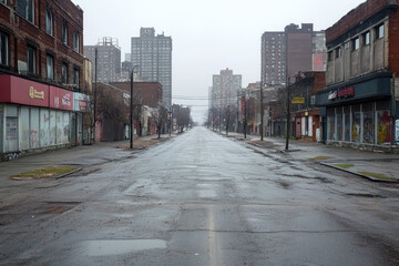 Fototapeta premium A desolate city street with boarded-up buildings and overcast skies reveals a hauntingly abandoned urban landscape.