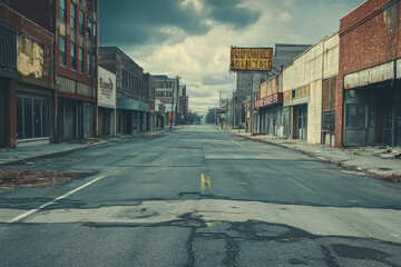 Fototapeta premium A Glimpse into an Abandoned Urban Landscape with Empty Streets and Boarded-Up Shops