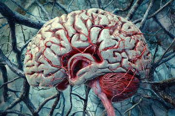 Intricate Cross-Section of Human Brain Depicting Vascular Connections