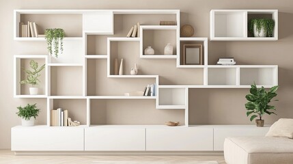 Fototapeta premium Stylish white shelves enhance the modern living room, showcasing various plants that add life and freshness to the cozy interior