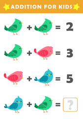 Fun Math Logic Puzzles for Kids. Math Game with Cute Bird Pictures. Math Activities for Children. Addition for Kids.
