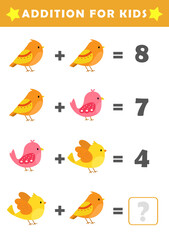 Fun Math Logic Puzzles for Kids. Math Game with Cute Bird Pictures. Math Activities for Children. Addition for Kids.