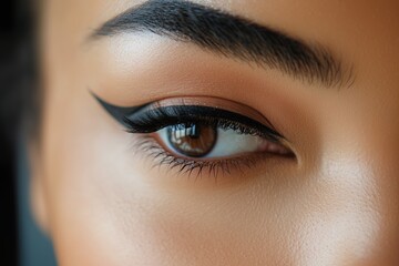 Obraz premium Close-up of a woman’s eye showcasing striking makeup details in a soft light setting