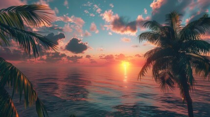 Sunset over the ocean with palm trees