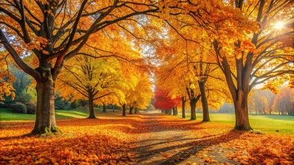 Fototapeta premium Sin view through trees in autumn, autumn, sin, forest, fall, leaves, foliage, trees, nature, scenery, landscape, colorful
