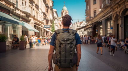 Fototapeta na wymiar Rear view of male backpacker carrying full bag walking in big city 