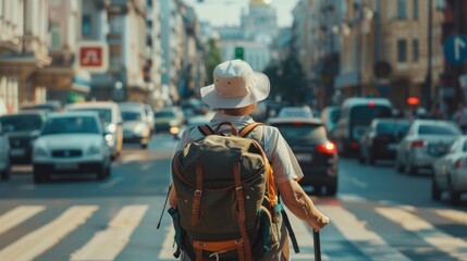 Senior female backpacker carrying a full bag walking in a big city 