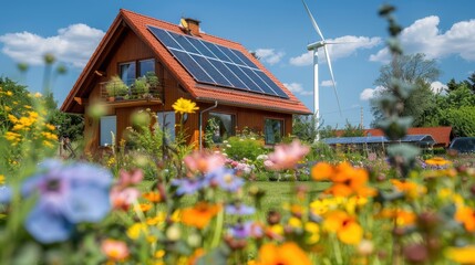 Obraz premium Solar panels and wind power with beautiful flowers in front of a house 