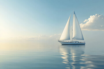Fototapeta premium Tranquil Journey: A Sailboat Glides Through Calm Waters at Dusk