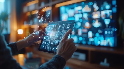Hands interacting with digital tablet and futuristic interface in modern home office with blurry background of multiple screens.