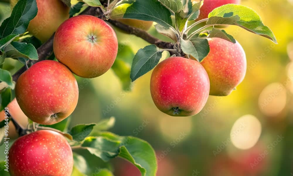 Poster Red apples growing on tree branch in sunlight