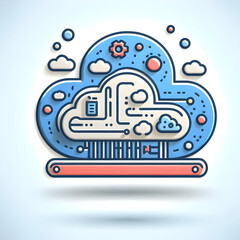 Obraz premium 3D flat cloud service icon with white background. Ideal for technology and digital visuals. Doodle line cartoon style.