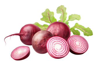 Whole beetroot chopped, revealing red and white layers, separated on a white background.