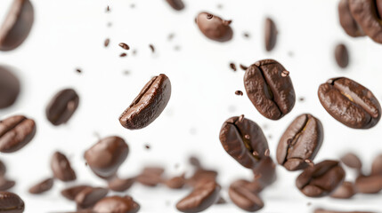 flying coffee beans on white bg