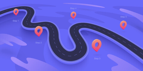 3d road map concept banner, project milestone poster, business journey achievement, timeline to success. Simple vector 3d winding road with location pins. Flat vector illustration