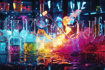 Vivid Chemical Reactions Burst with Color in a Dynamic Lab Setting