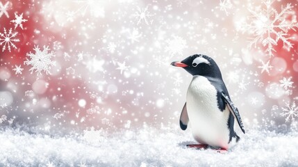 Obraz premium Charming Christmas scene with a playful penguin and snowflakes, with a blank space in the middle for personalized messages.