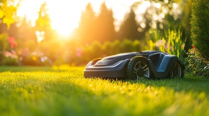 Robotic Lawn Mower Navigating Lush Backyard at Sunset