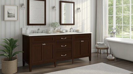 Bright bathroom features a double vanity wooden cabinet with open storage, a sleek bathtub, and simple decor, creating a calm and inviting atmosphere