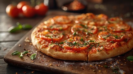 A freshly made pizza, topped with tomato slices and basil leaves on a wooden table.