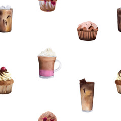 Seamless watercolor pattern with glasses of coffee and cupcakes. Watercolor illustration on white background. For wrapping paper, packaging, printing