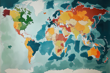 Fototapeta premium Vibrant World Map Showcasing Countries in a Spectrum of Colors