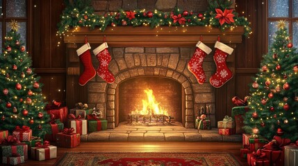 Colorful Christmas background of a cozy fireplace with stockings hung, leaving ample room for text in the center. Perfect for holiday announcements.