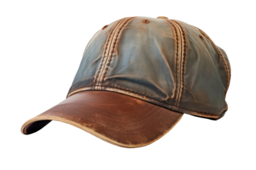 Vintage baseball cap with faded color and old-looking brim, isolated on white background.