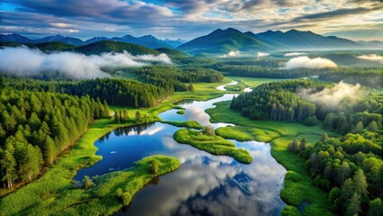 Breathtaking aerial view of a lush, green wetland surrounded by forests and mist-covered mountains, wetland, aerial view, lush