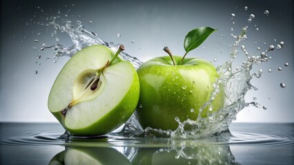 Water splashing on green apple and cut slice with seed on green background, green, apple, fruit, food, fresh, healthy, water, splash