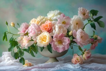 Obraz premium A Delicate Bouquet of Roses in a White Vase